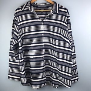 3/$18 Chaps No Iron Navy White Striped 2X Button Down Blouse